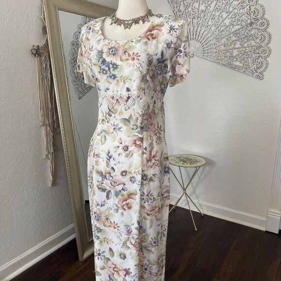 Vintage Milkmaid 80s Cream White Multi Cottage Core Flower Maxi Dress M / L - Picture 3 of 8